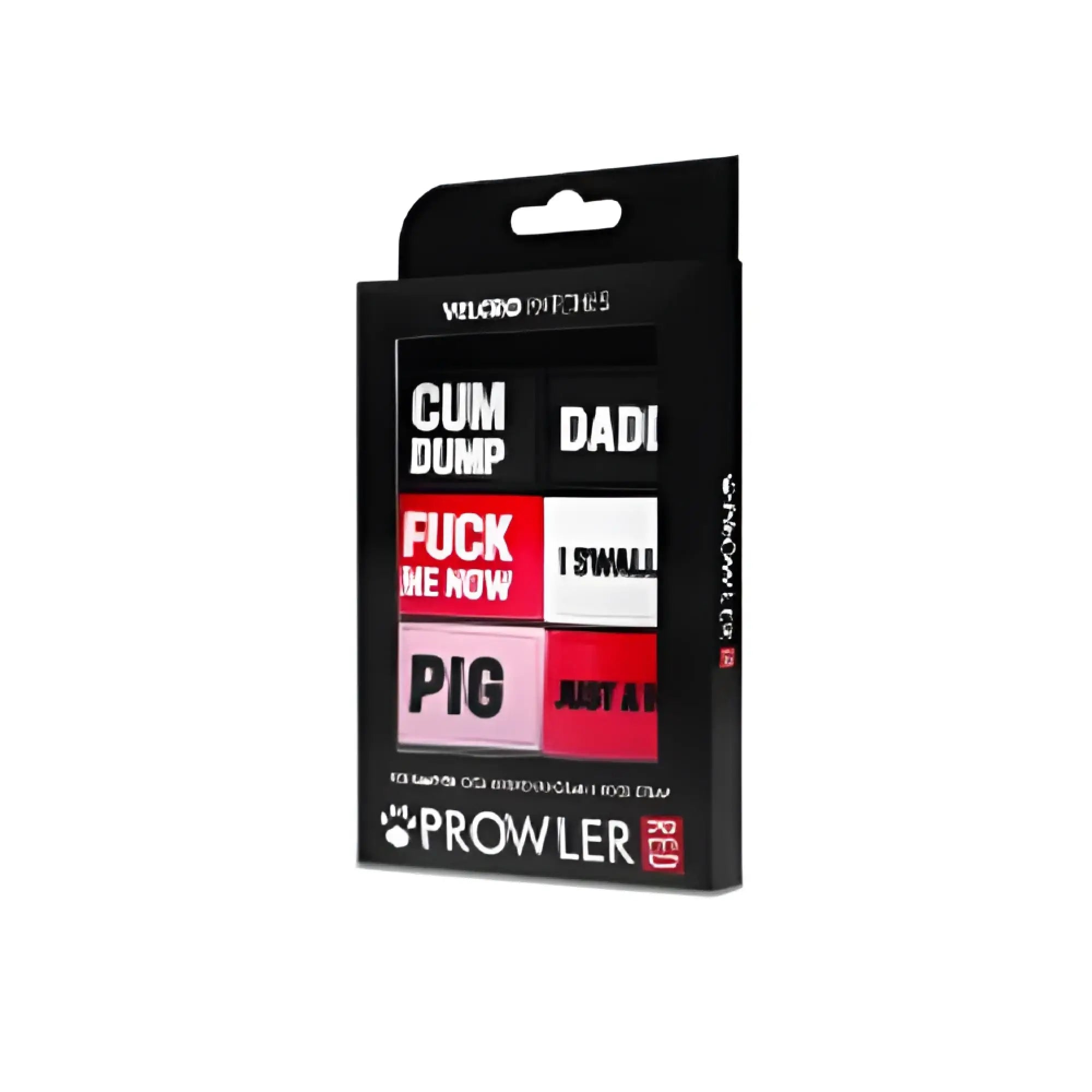 Black rectangular package containing six colorful square silicone erasers with bold white and red text for prowler switch jock badges