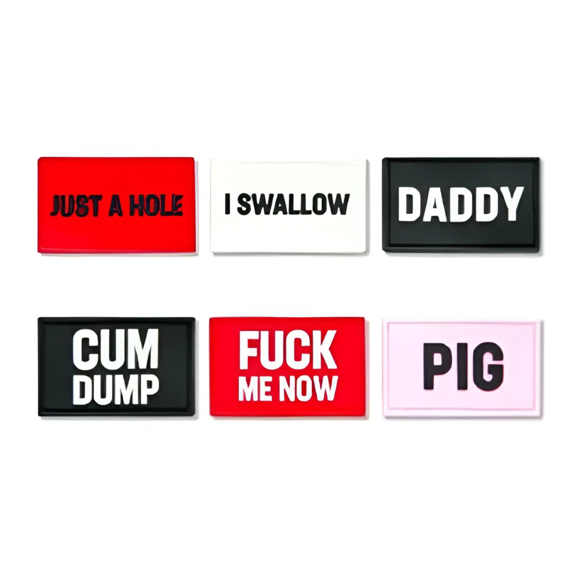 Set of six rectangular silicone prowler switch jock badges with bold black or white text on colorful backgrounds
