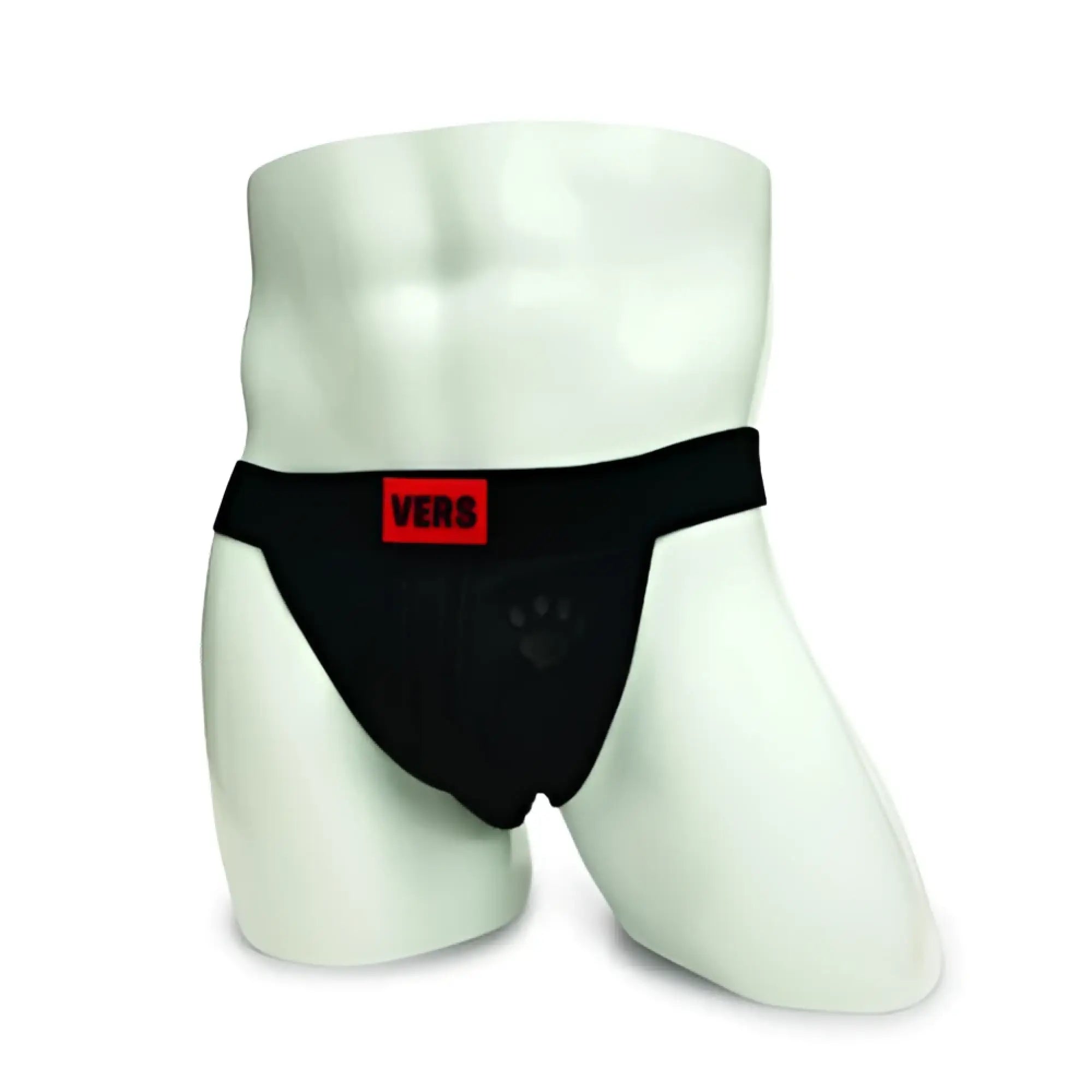 Black athletic jockstrap with red vers logo patch on waistband designed for active support and comfort