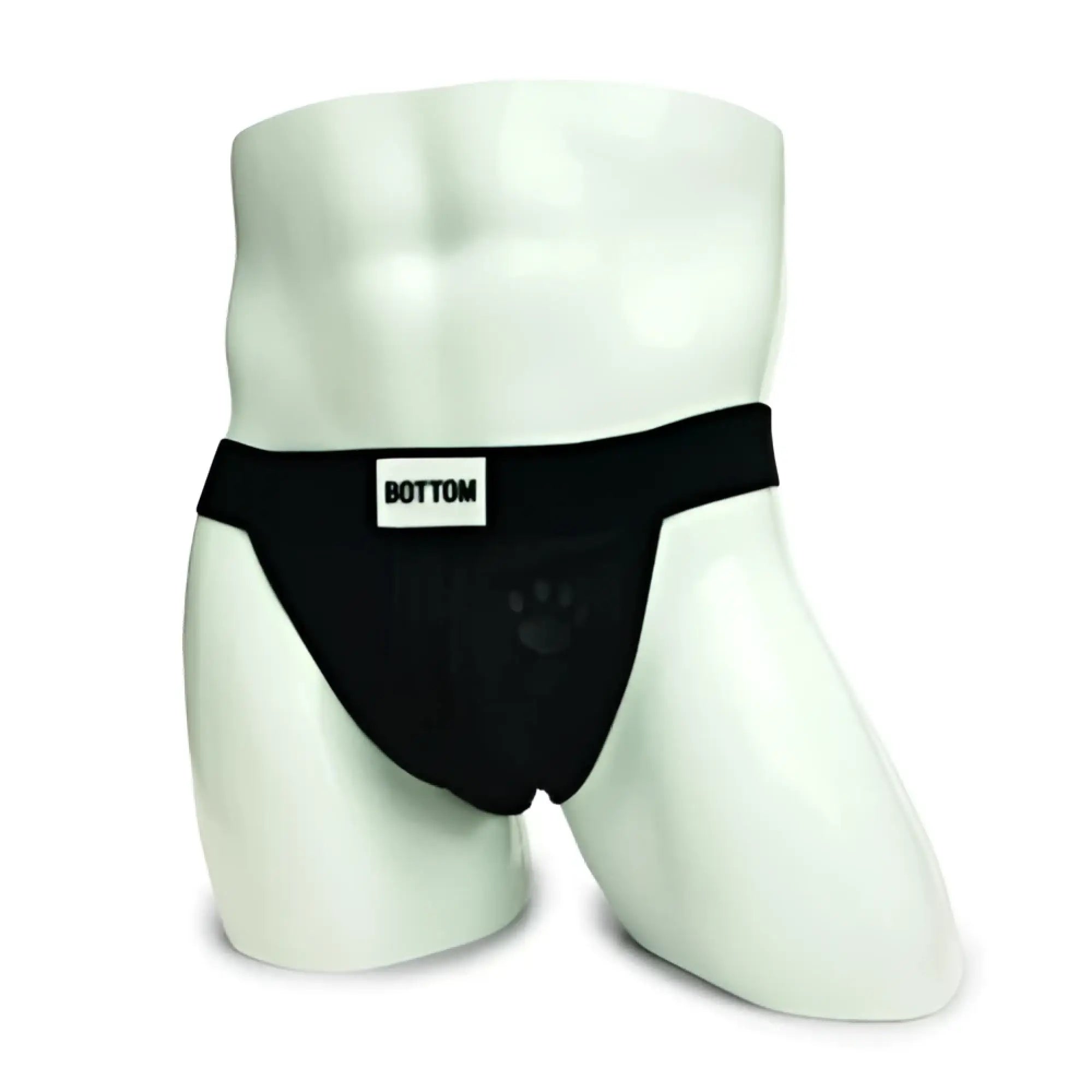 Black athletic briefs with a white bottom label on the waistband part of the proWler switch jockstrap collection