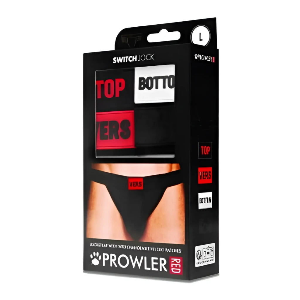 Black packaging for prowler switch jockstrap adjustable briefs set with red switch lock and red white text labels