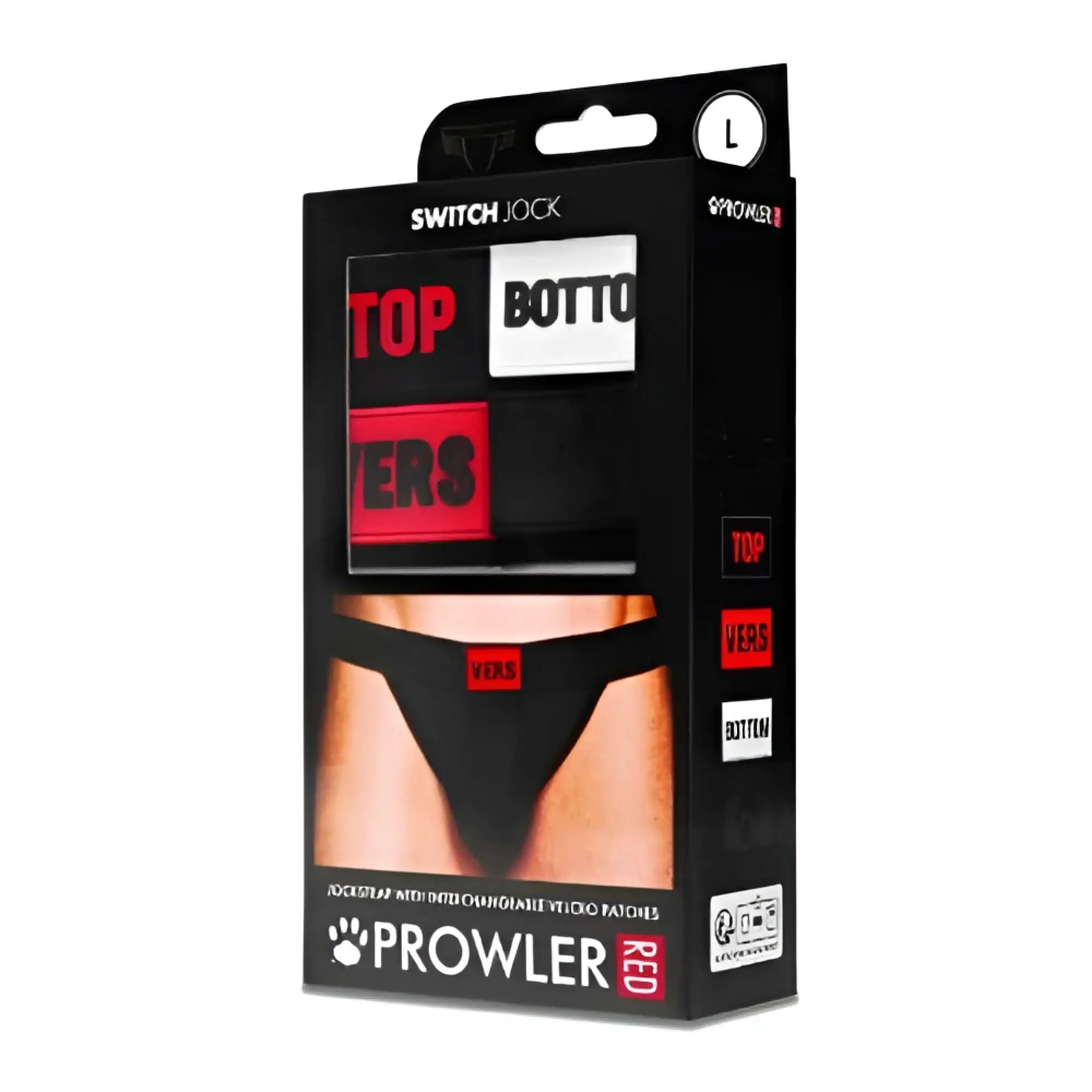 Black packaging for prowler switch jockstrap adjustable briefs set with red switch lock and red white text labels