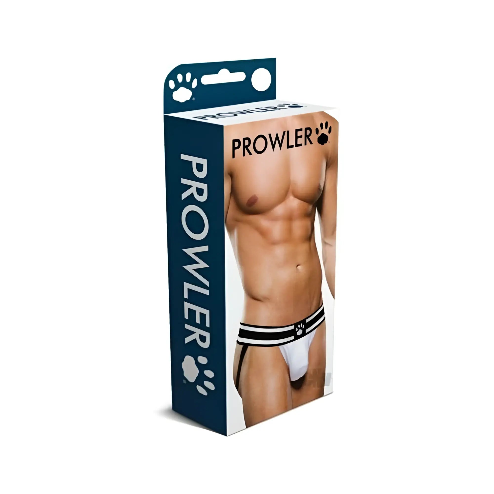Prowler white briefs with black striped waistband and paw print detailing in jock style size xs