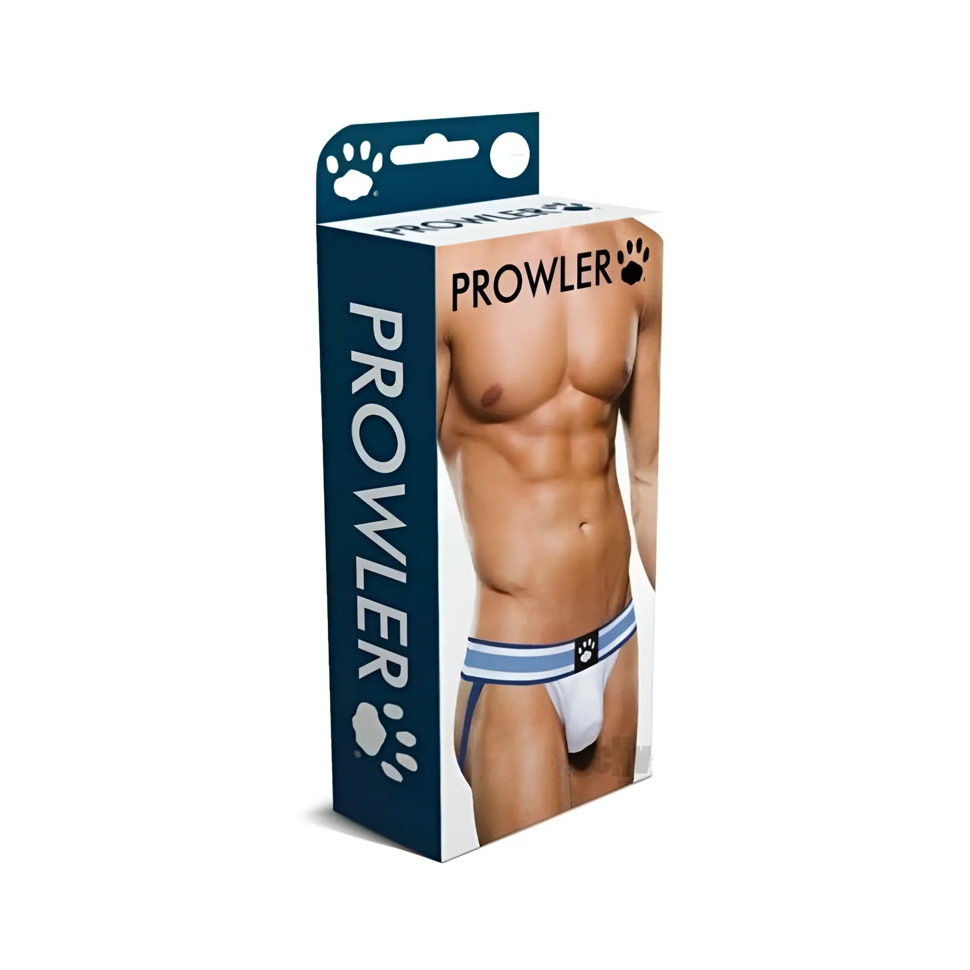Prowler white and blue striped men’s briefs with paw print logo in xs size for comfortable everyday wear