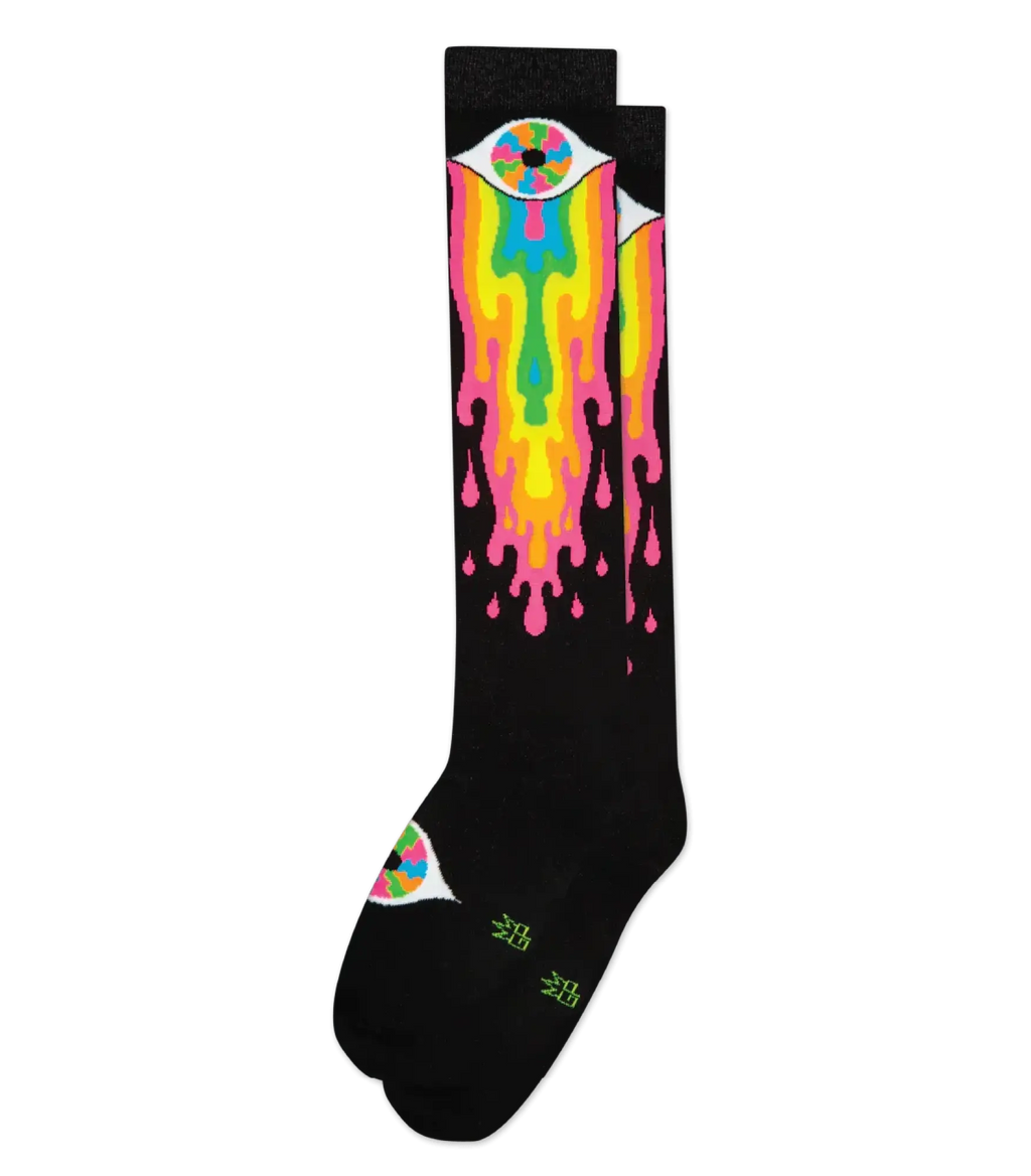 Black knee high sock featuring a vibrant psychedelic eye with rainbow-colored liquid dripping design