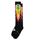 Black knee high sock featuring a vibrant psychedelic eye with rainbow-colored liquid dripping design