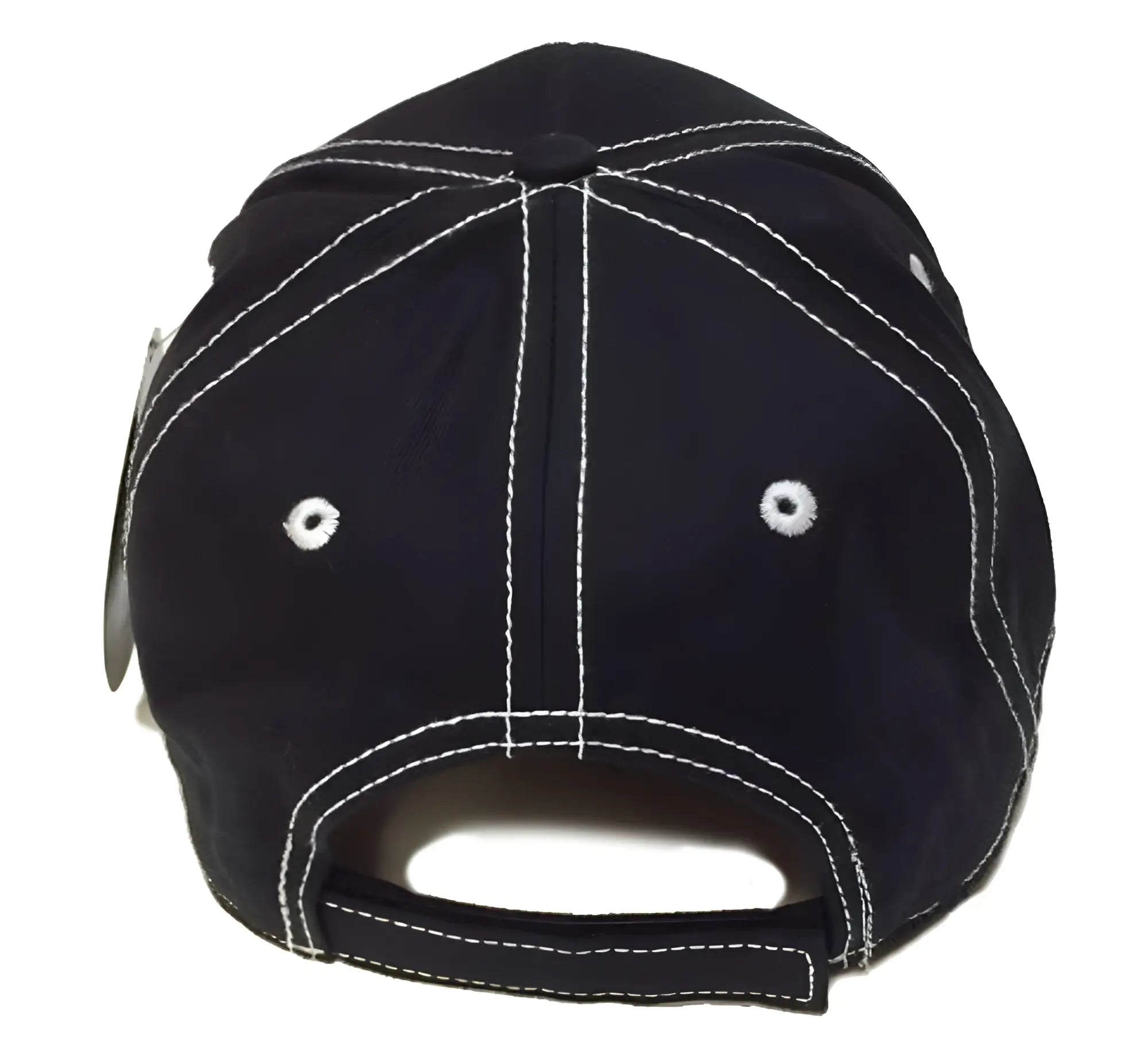 Black baseball cap pup cap with white stitching and adjustable strap shown from the back side