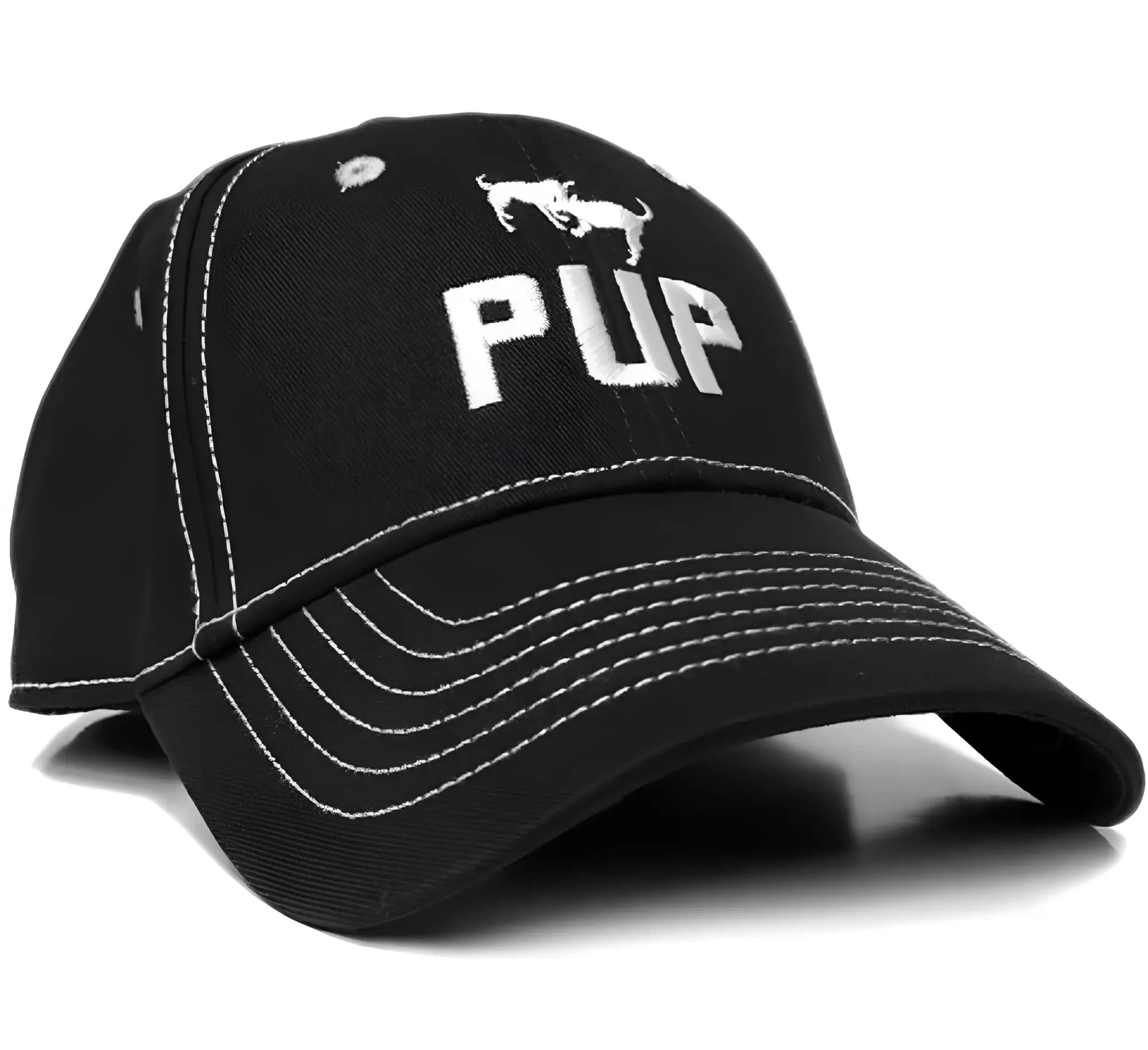 Black baseball cap with white embroidered pup lettering and dog silhouette accented by white stitching along brim and panels