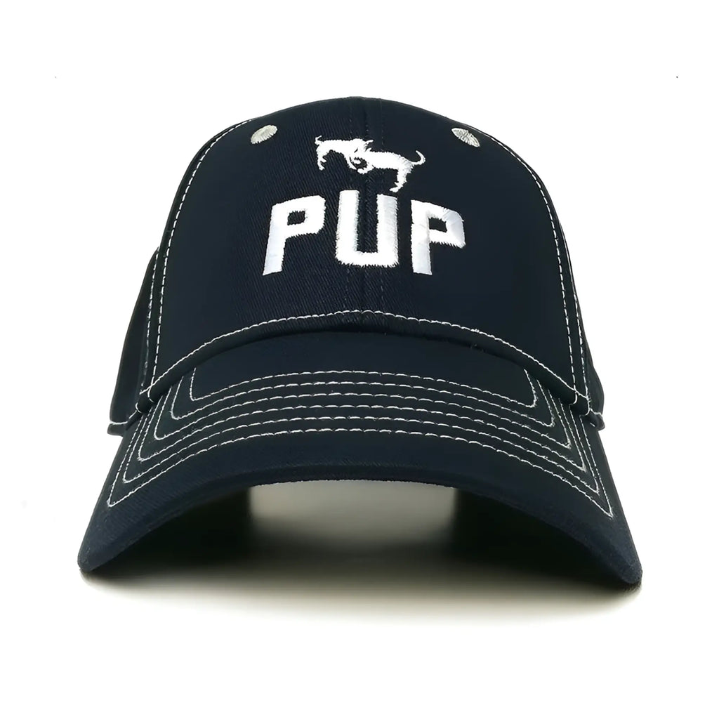 Dark navy pup cap featuring white embroidered lettering and dog silhouette with contrasting white stitching on panels and brim