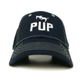 Dark navy pup cap featuring white embroidered lettering and dog silhouette with contrasting white stitching on brim and panels
