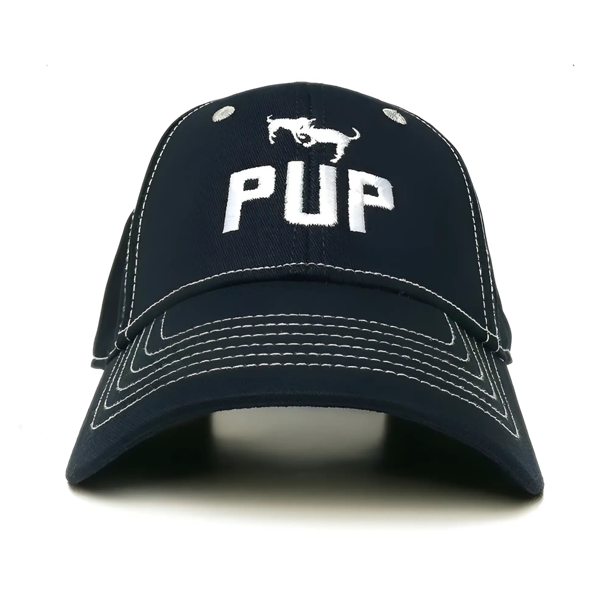 Dark navy pup cap featuring white embroidered lettering and dog silhouette with contrasting white stitching on brim and panels