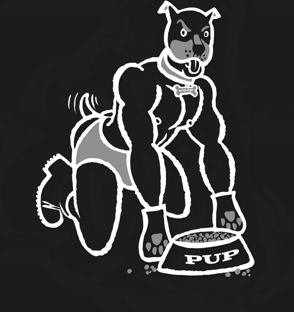 Black premium cotton t-shirt with a white pit bull outline wearing a woof collar beside a pup food bowl illustration