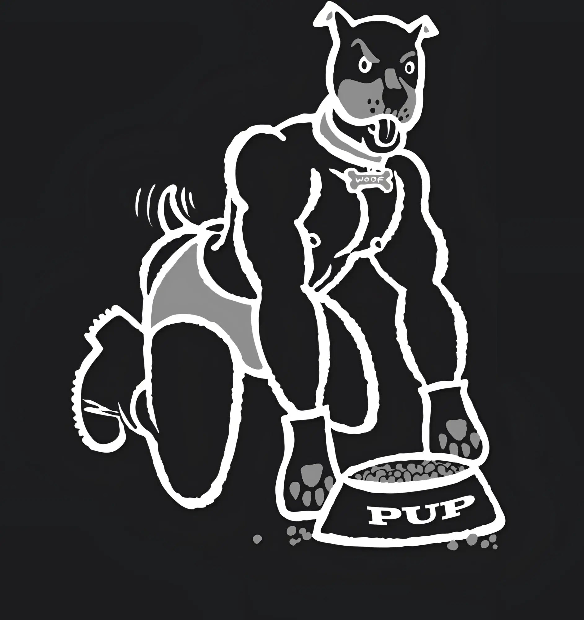 Black premium cotton t-shirt with a white pit bull outline wearing a woof collar beside a pup food bowl illustration