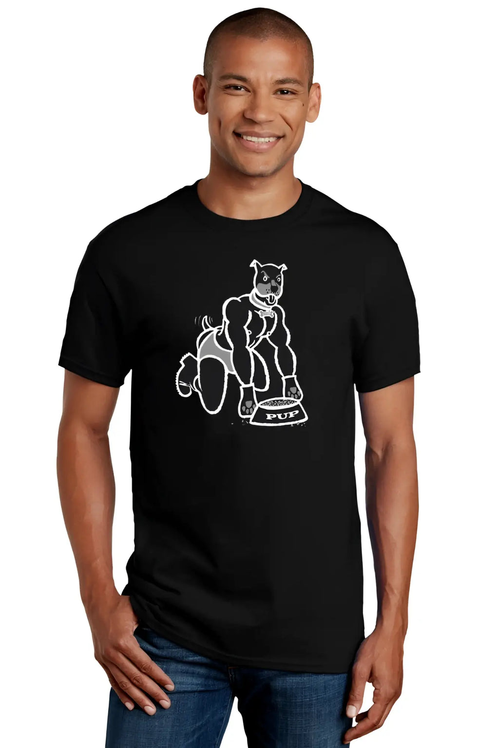 Black cotton t-shirt with white line-art muscular dog and pup food bowl illustration premium cotton design