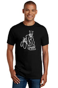 Black cotton t-shirt with white line-art muscular dog and pup food bowl illustration premium cotton design