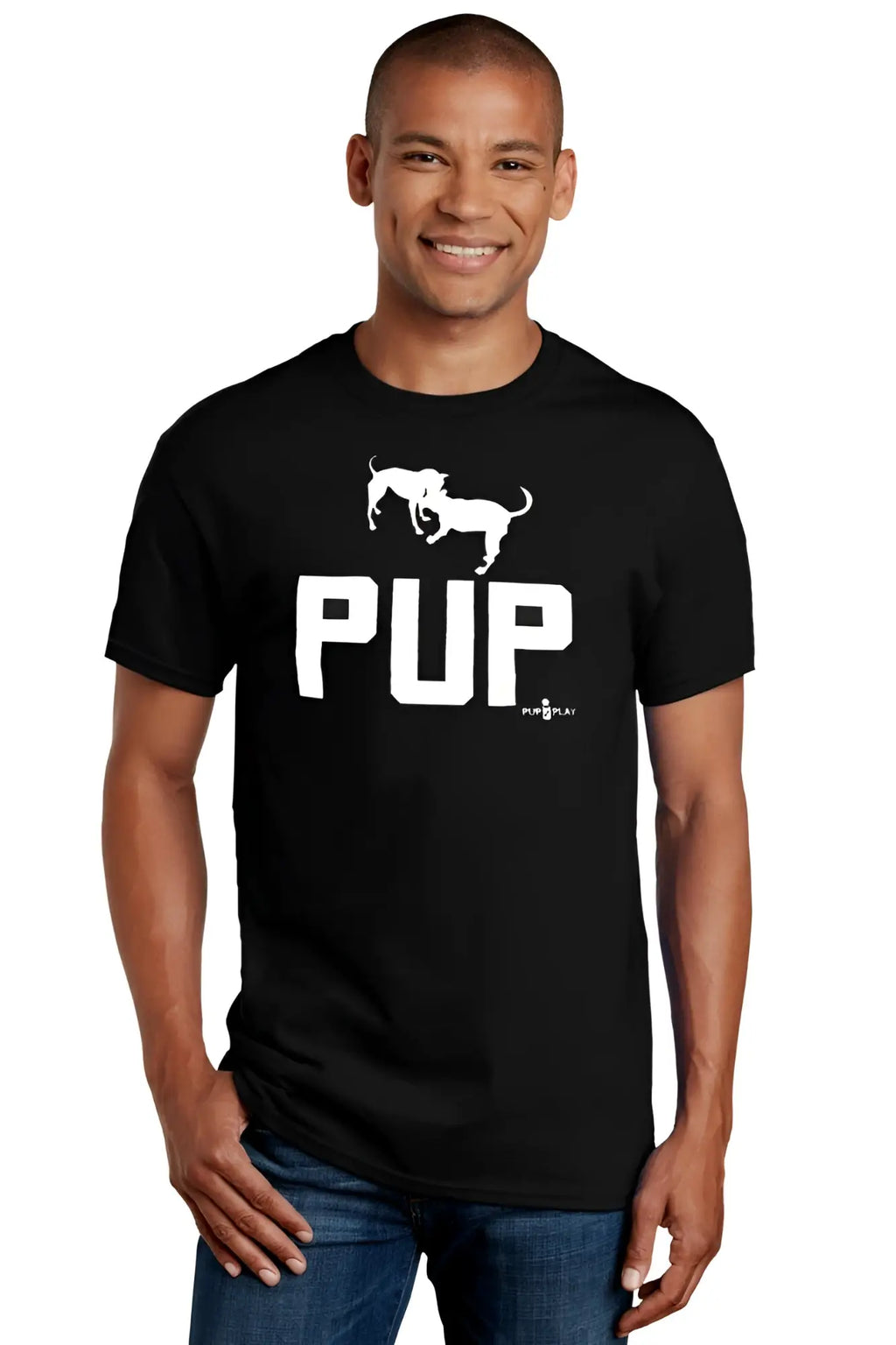 Black short-sleeved premium cotton t-shirt with white pup lettering and two dog silhouettes above it