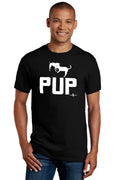 Black short-sleeved premium cotton t-shirt with white pup lettering and two dog silhouettes on front
