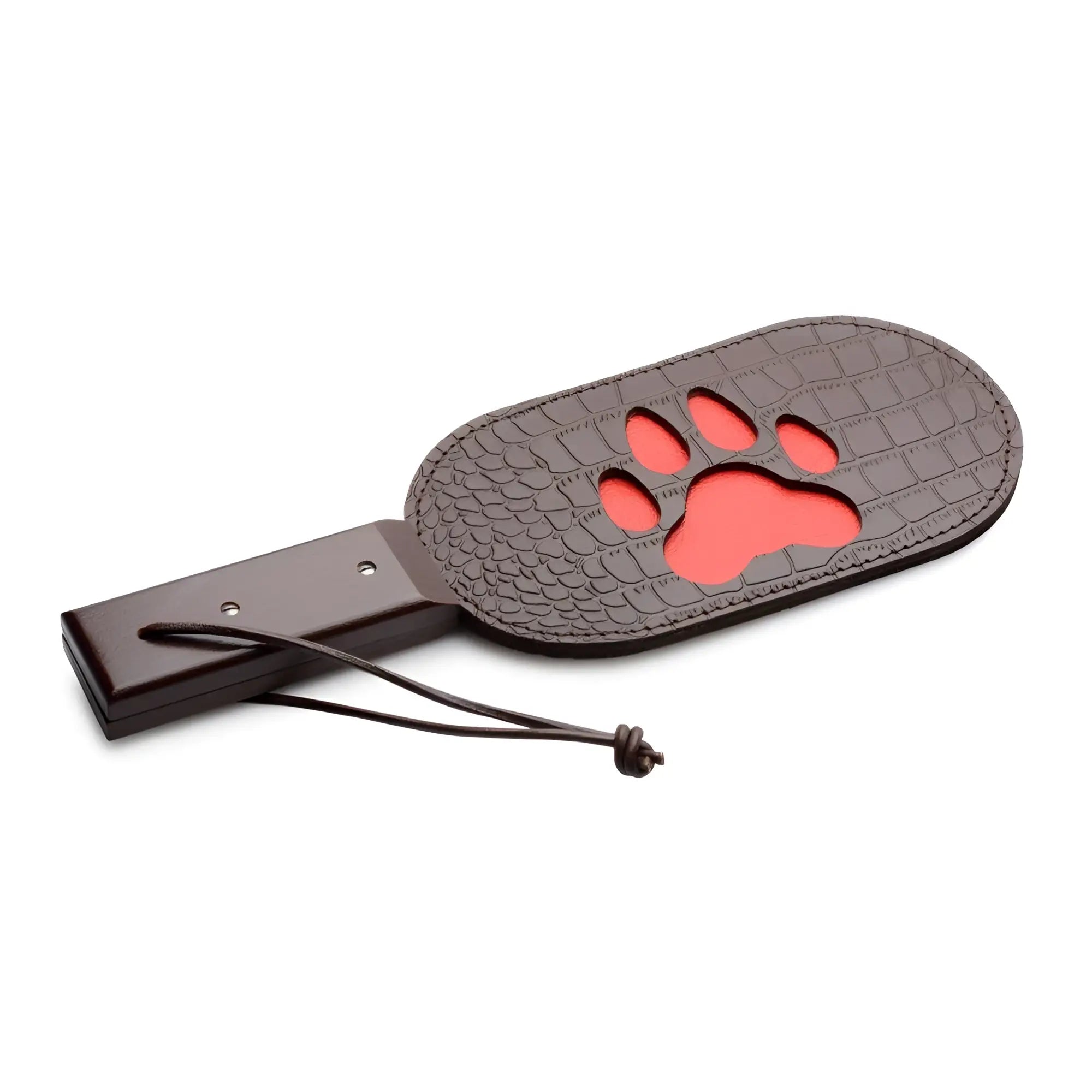 Brown crocodile-textured leather paddle with red paw print cutout and black cord for puppy paw use