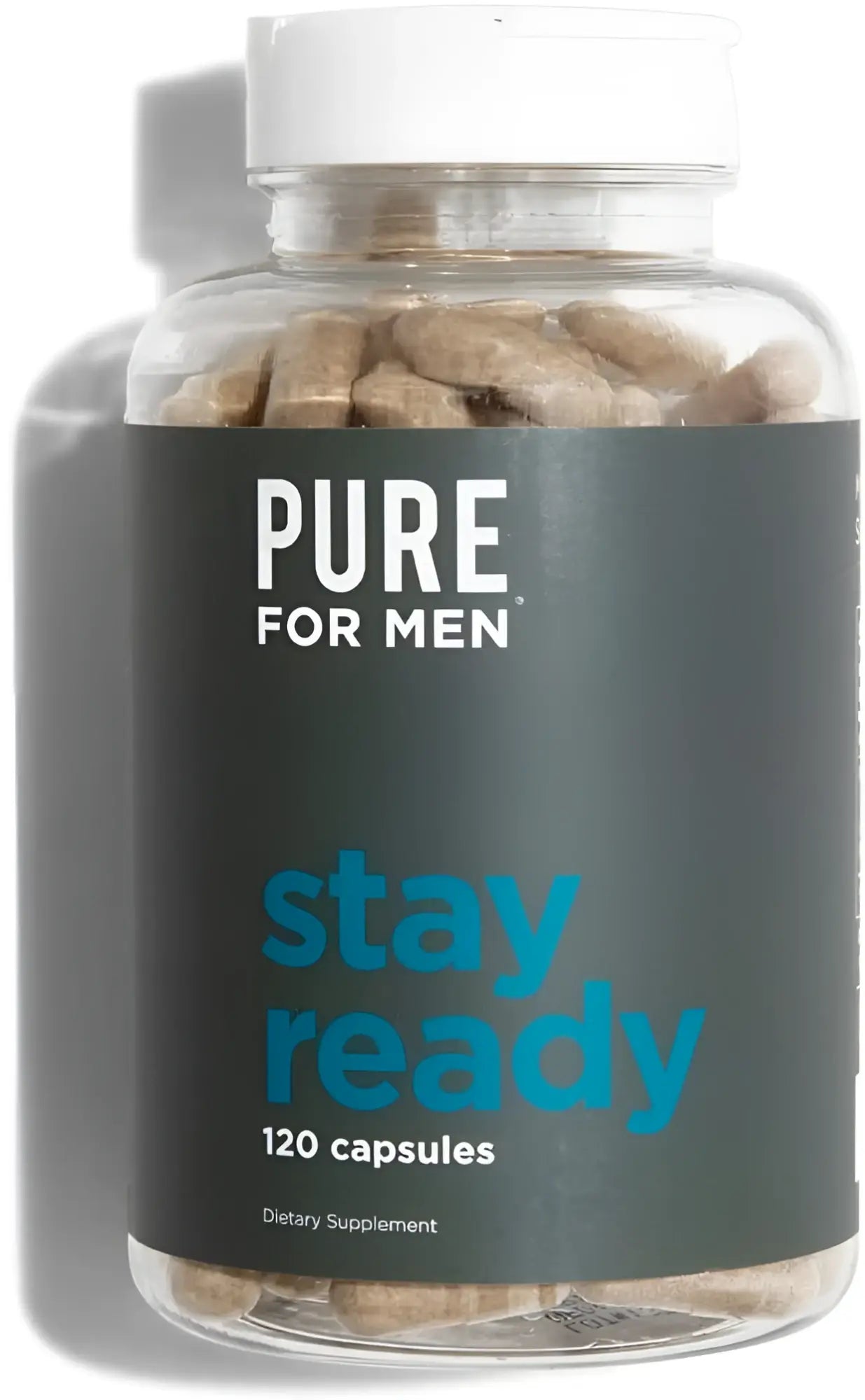 A clear plastic bottle with white cap labeled pure for men stay ready containing beige dietary supplement capsules