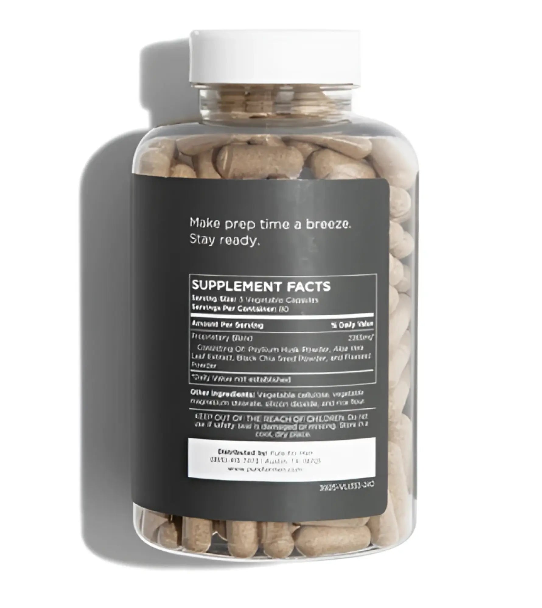 Clear plastic bottle with white cap and black label containing light brown capsules for pure for men stay ready