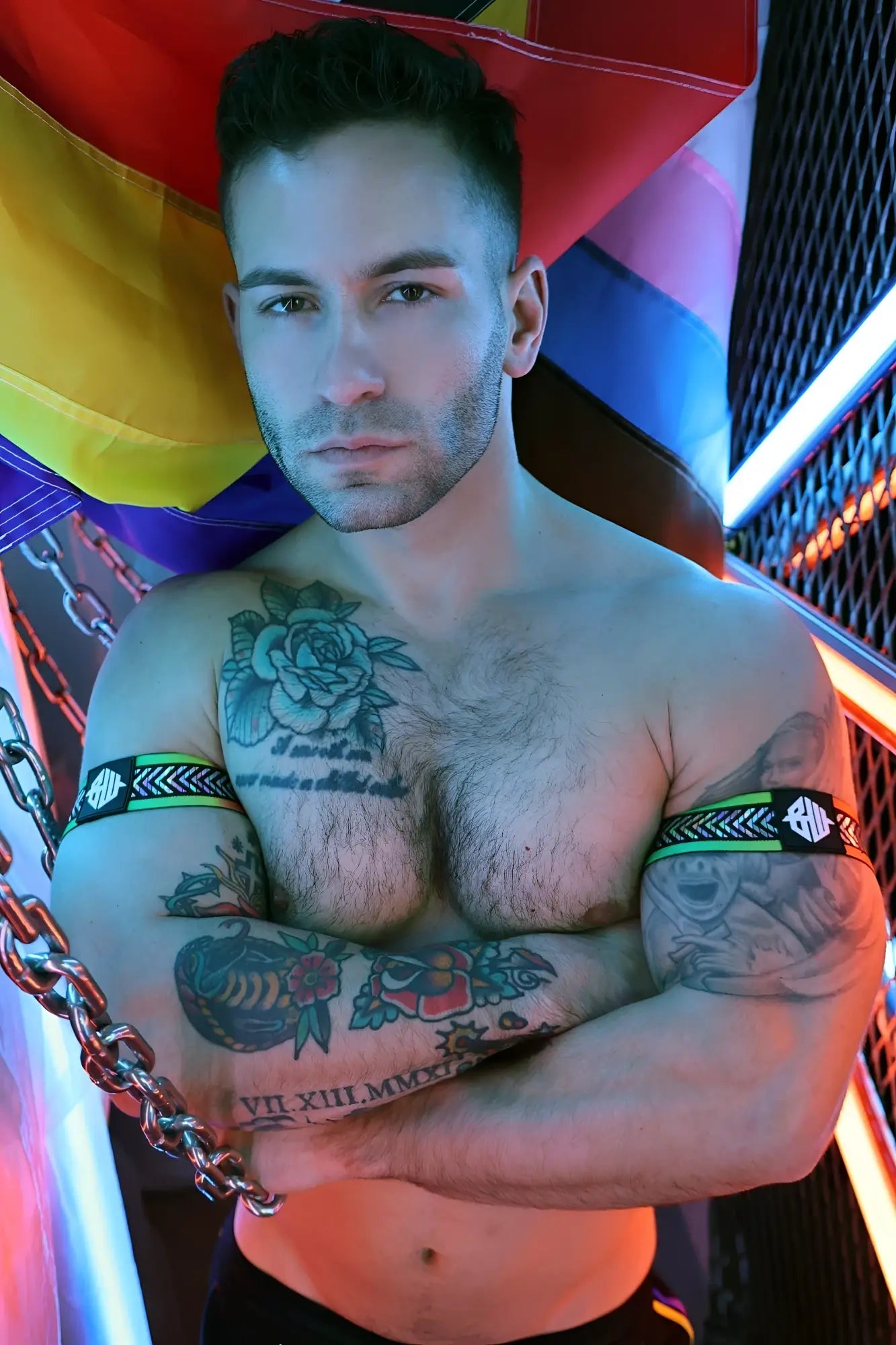 Neon green and black pure pride armband with white geometric pattern made of fabric for active wear