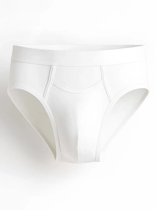 White purecomfort cotton brief with smooth seamless design and subtle stitching details visible from the front