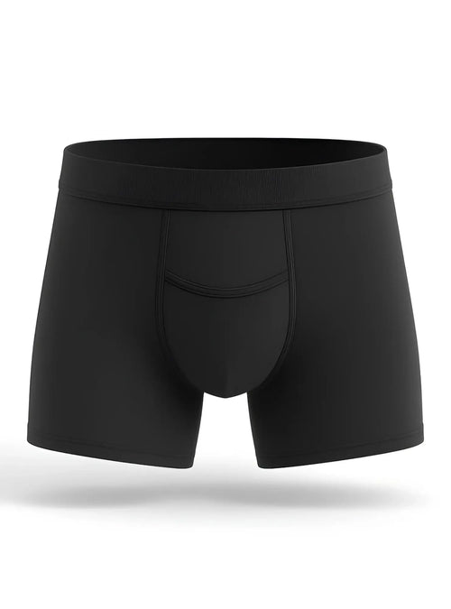 Black men’s PureComfort cotton trunk boxer briefs with contoured pouch and elastic waistband in black color