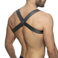 Black mesh crossback strap harness with skull logo at center for edgy fashion statement pushtpin spider harness back view