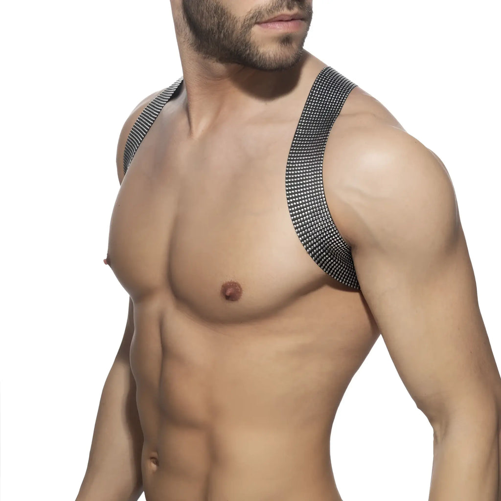 Black mesh shoulder straps with a textured grid pattern on the pushpin spider harness back side