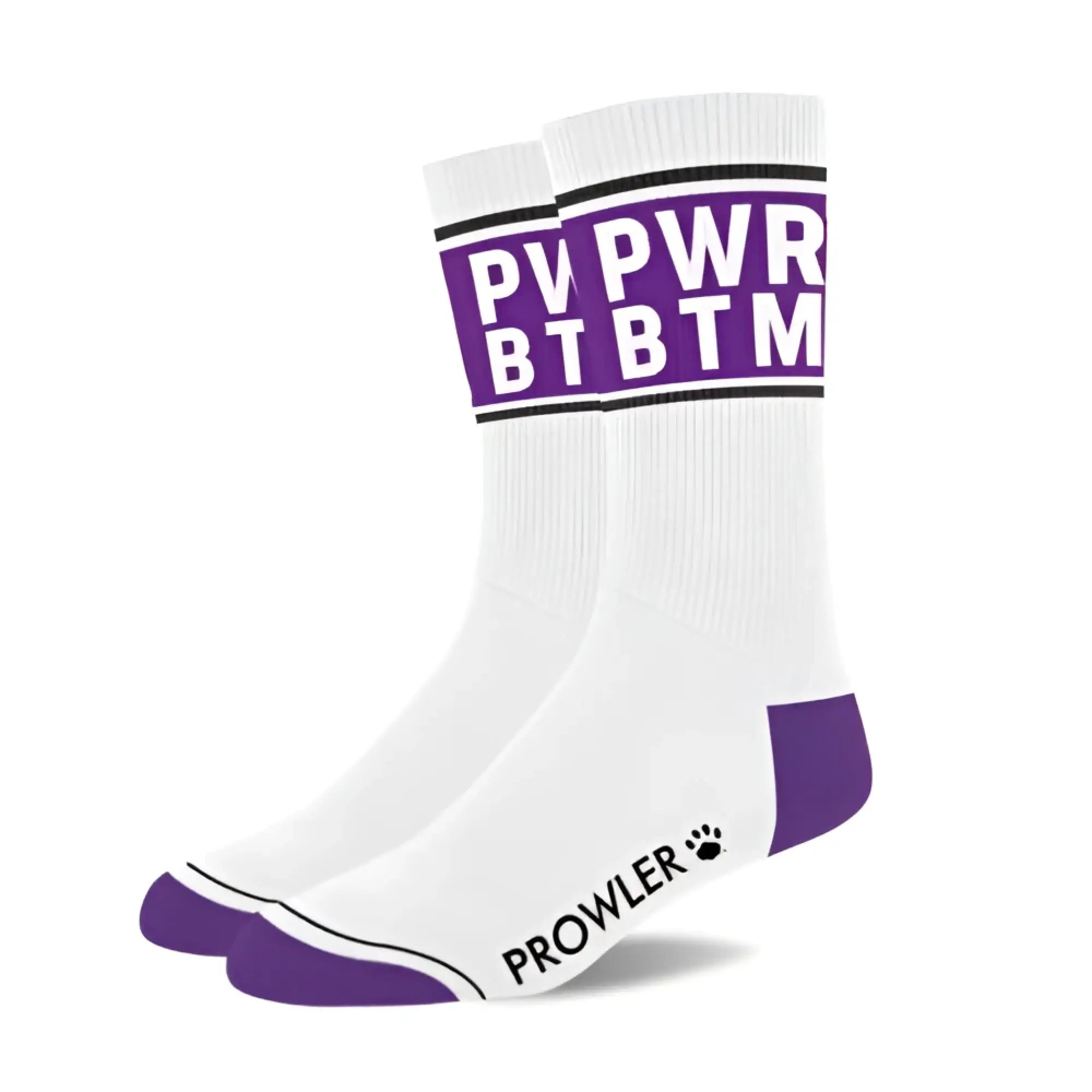 White crew socks with purple accents and bold pwr btbm lettering on cuff with black outline and matching purple toe and heel
