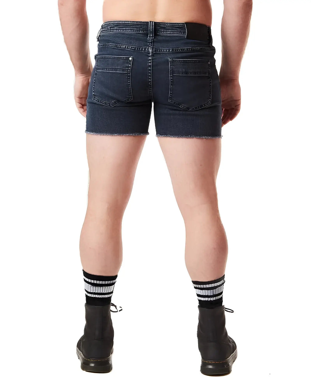 Back view of quad short dark blue denim shorts with frayed hem and two back pockets