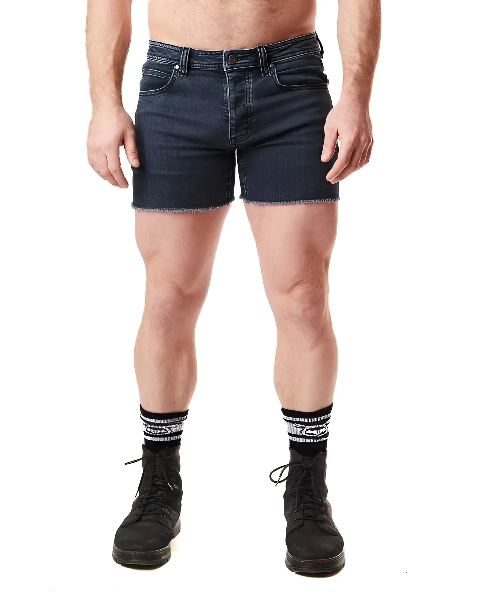 Dark blue denim quad short with frayed hem suitable for casual summer wear
