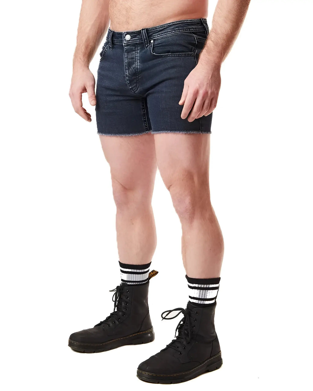 Dark blue denim quad shorts with a frayed hem perfect for casual summer wear