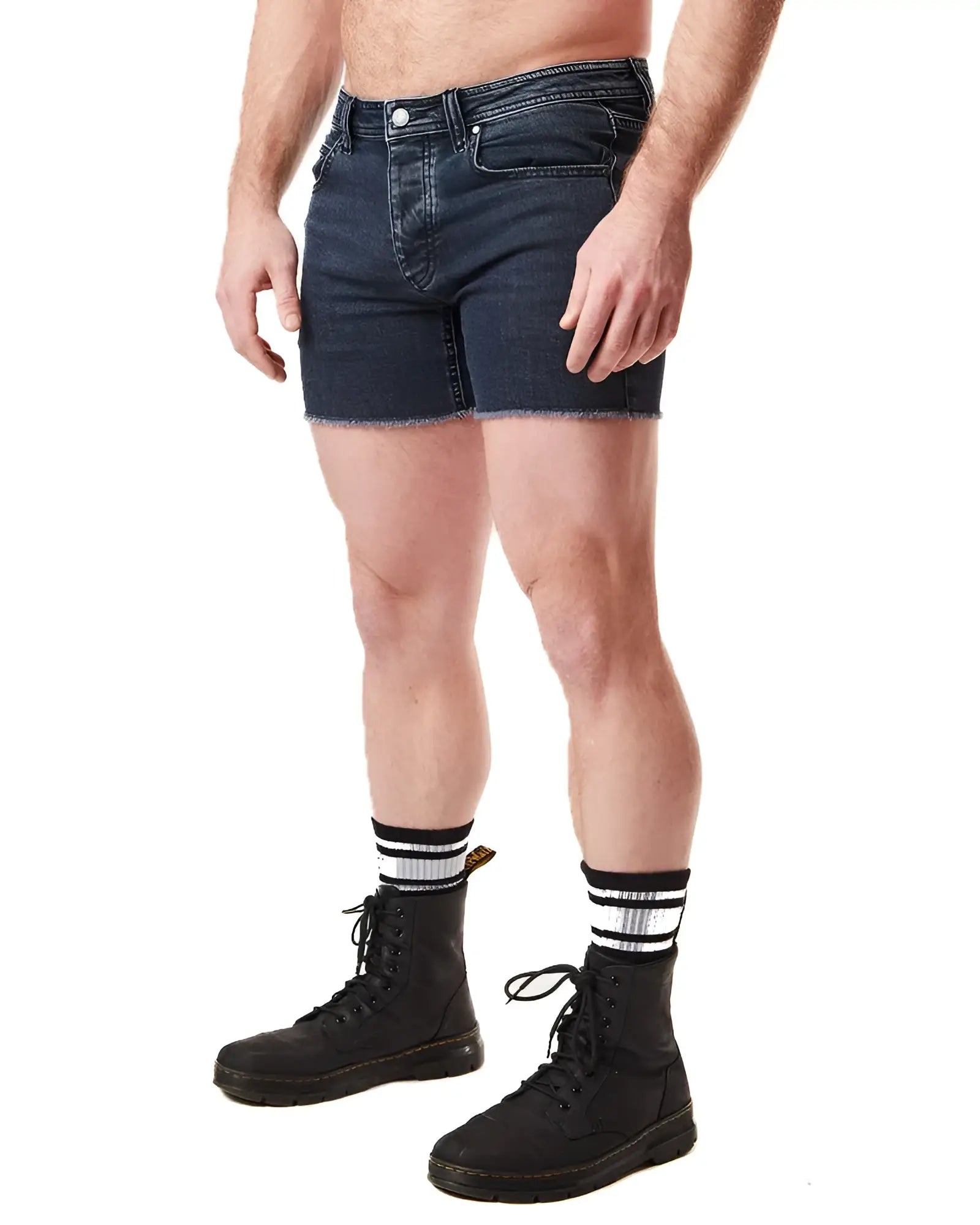 Dark blue denim quad shorts with a frayed hem perfect for casual summer wear