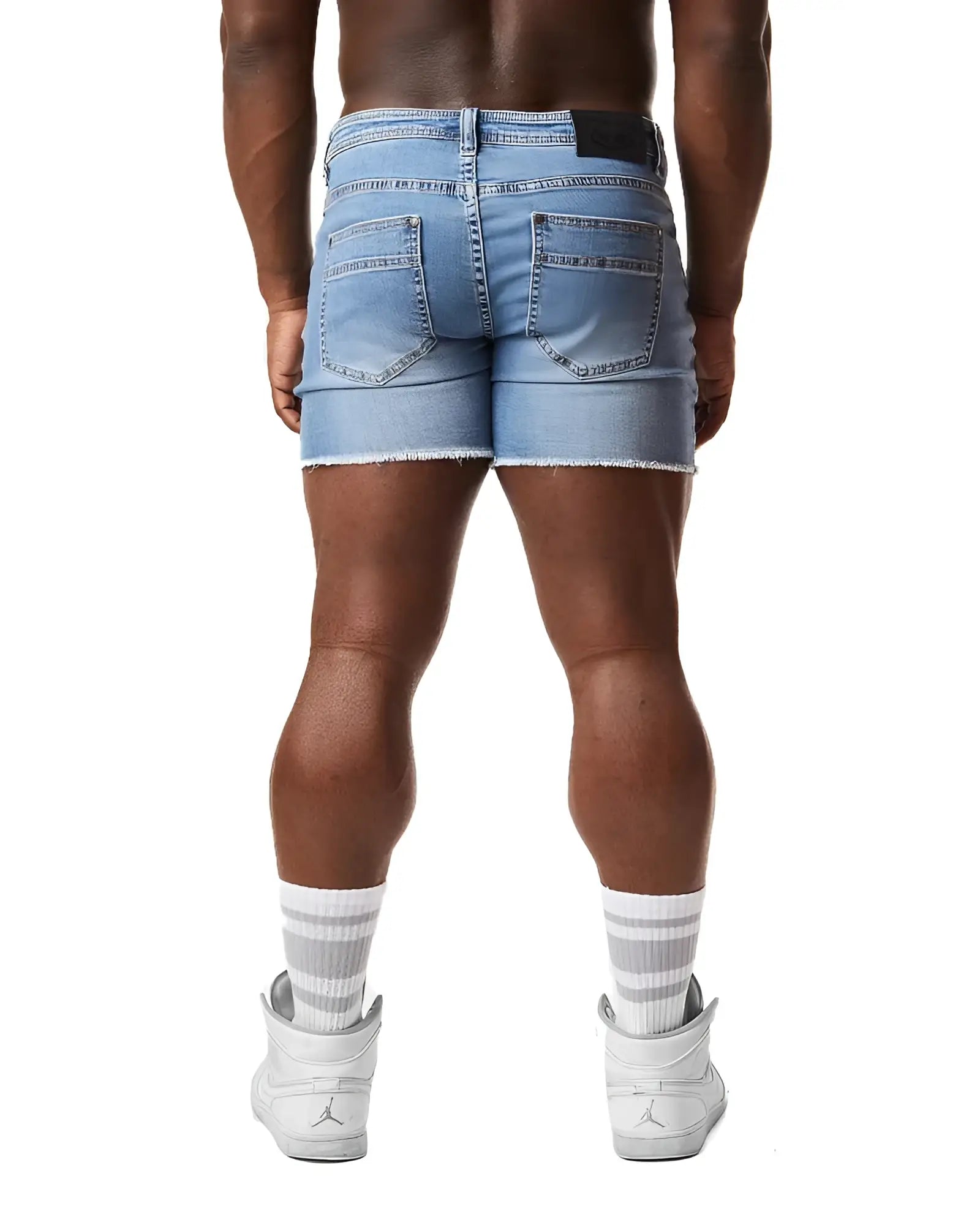 Back view of quad short light-wash denim shorts with frayed hem and functional back pockets