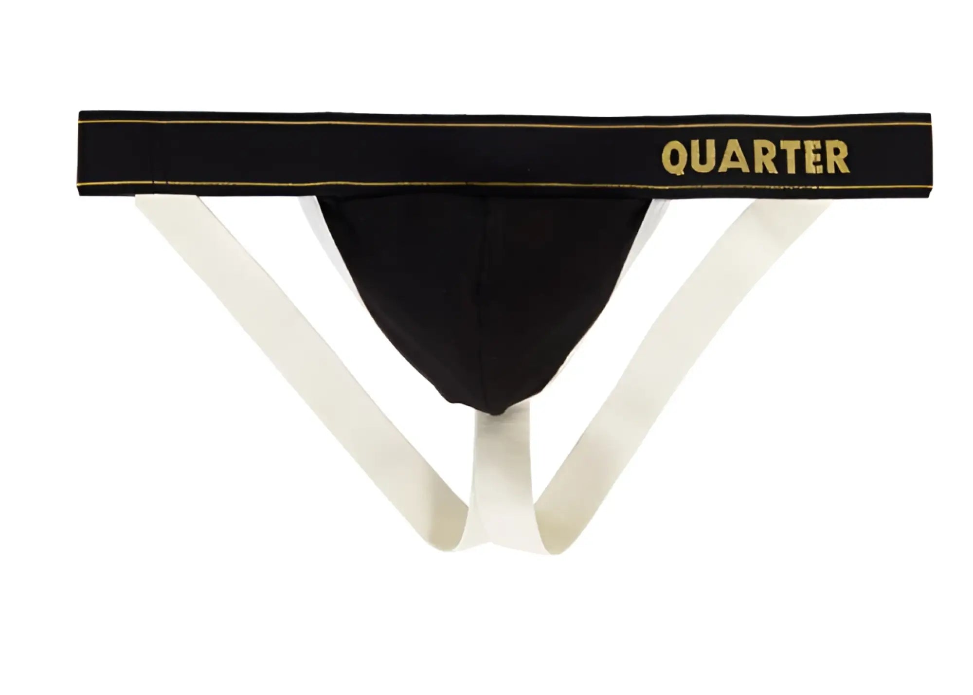 Quarter homme athletic jock strap underwear in black with cream side straps and gold quarter logo size l