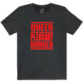 Dark heather gray short-sleeved t-shirt with bold red queer and pleasant danger text in blocky sans-serif font