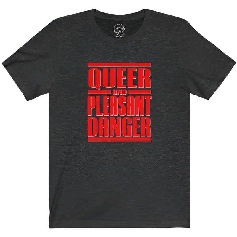 Dark heather gray short-sleeved t-shirt with bold red queer and pleasant danger text in blocky sans-serif font