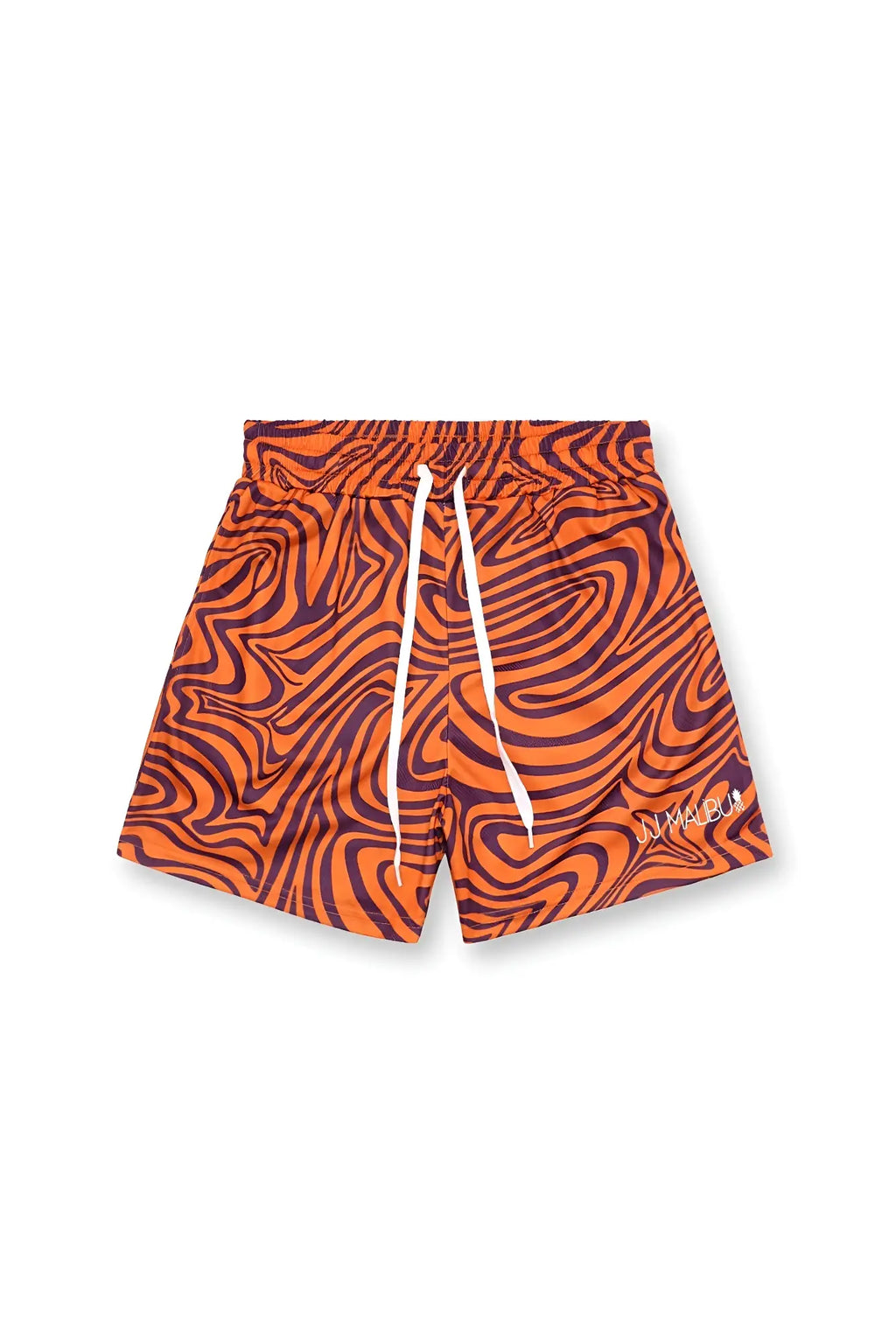 Quick-dry mesh shorts in orange and purple swirl pattern with white drawstrings designed for swim use