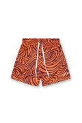 Quick-dry mesh shorts in orange and purple swirl pattern with white drawstrings designed for swim use
