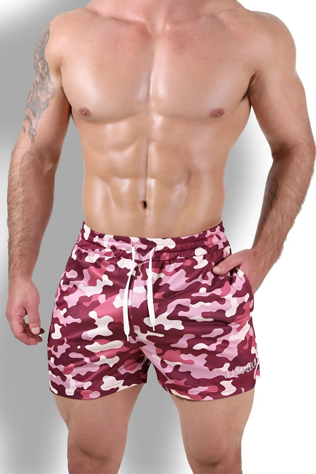 Men’s quick-dry mesh swim trunks in purple pink and white camouflage with drawstring waistband for quick drying