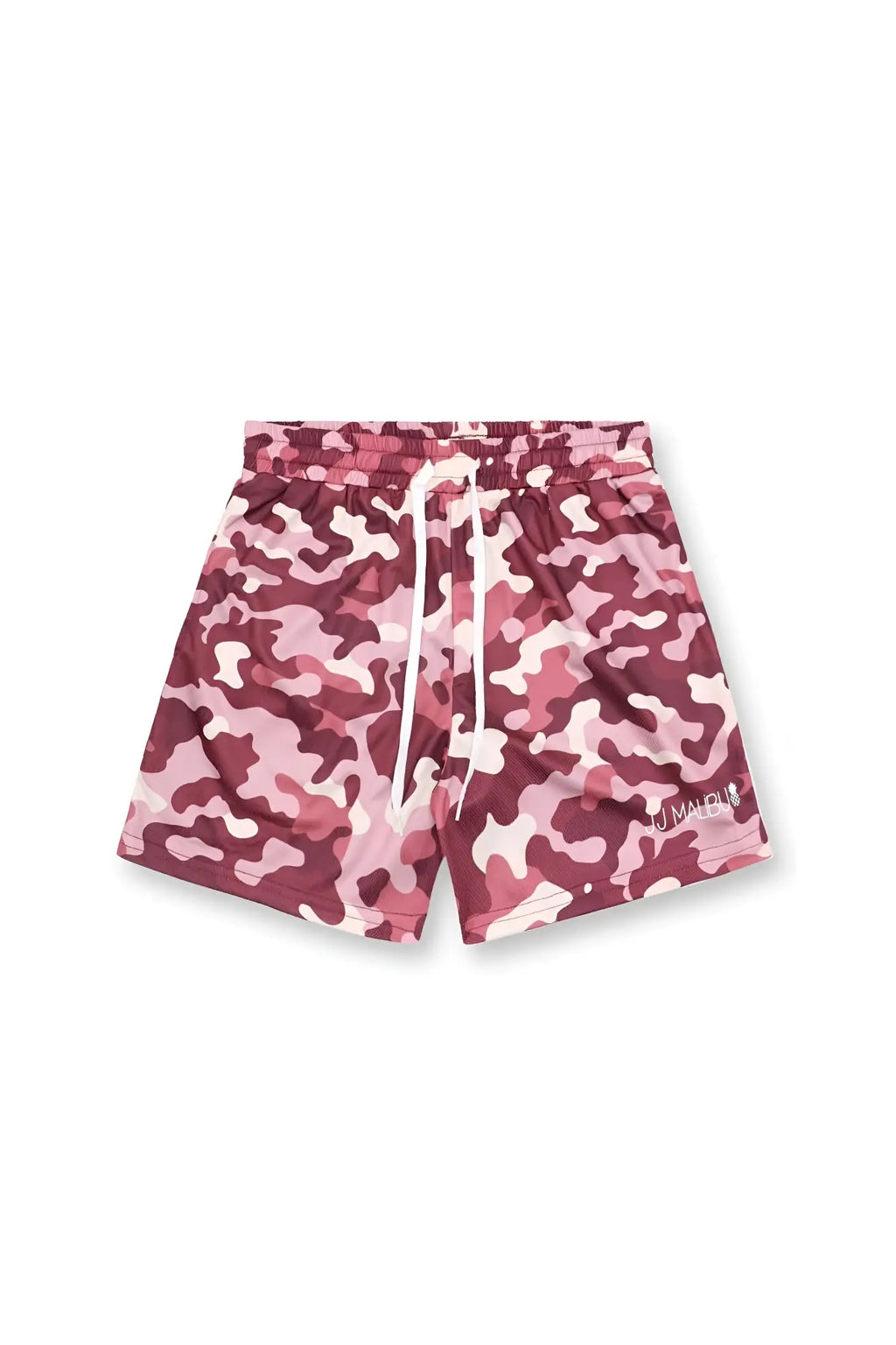 Quick-dry mesh shorts in purple camo with pink and maroon camouflage and white drawstrings for swimming