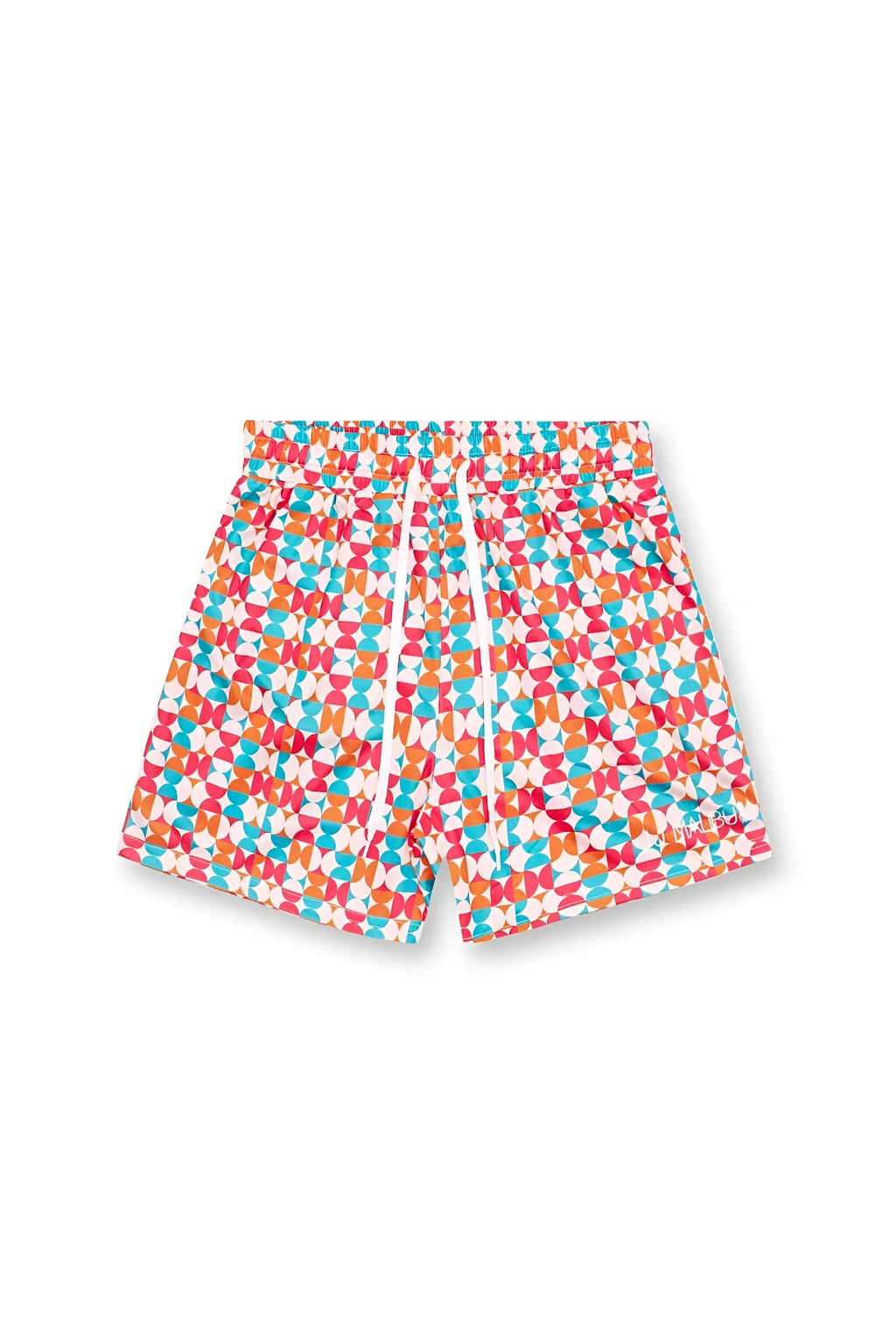 Quick-Dry mesh shorts retro swim trunks with playful pink teal and orange geometric pattern on white base