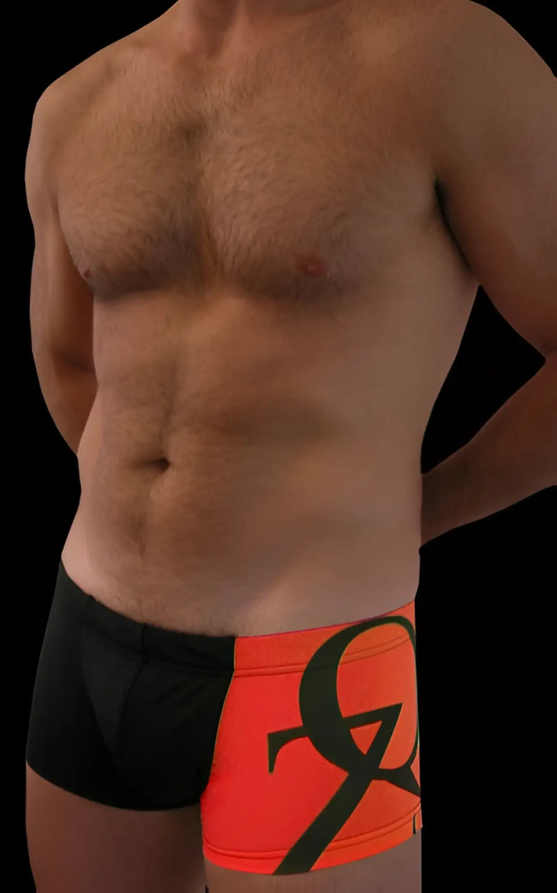 Black and neon orange boxer briefs with bold black logo front by qz bodywear one coloured leg square cut trunk size m