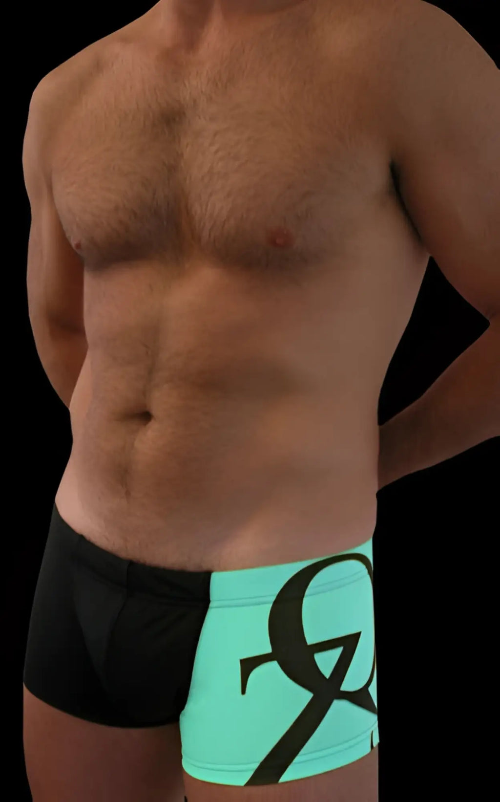 Black and neon green qz bodywear one coloured leg square cut swim trunks with bold black graphic design size m