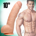 Raging Cockstars Annihilating Alexander: 10" realistic flesh-toned dual-density dildo next to a smiling, muscular man.