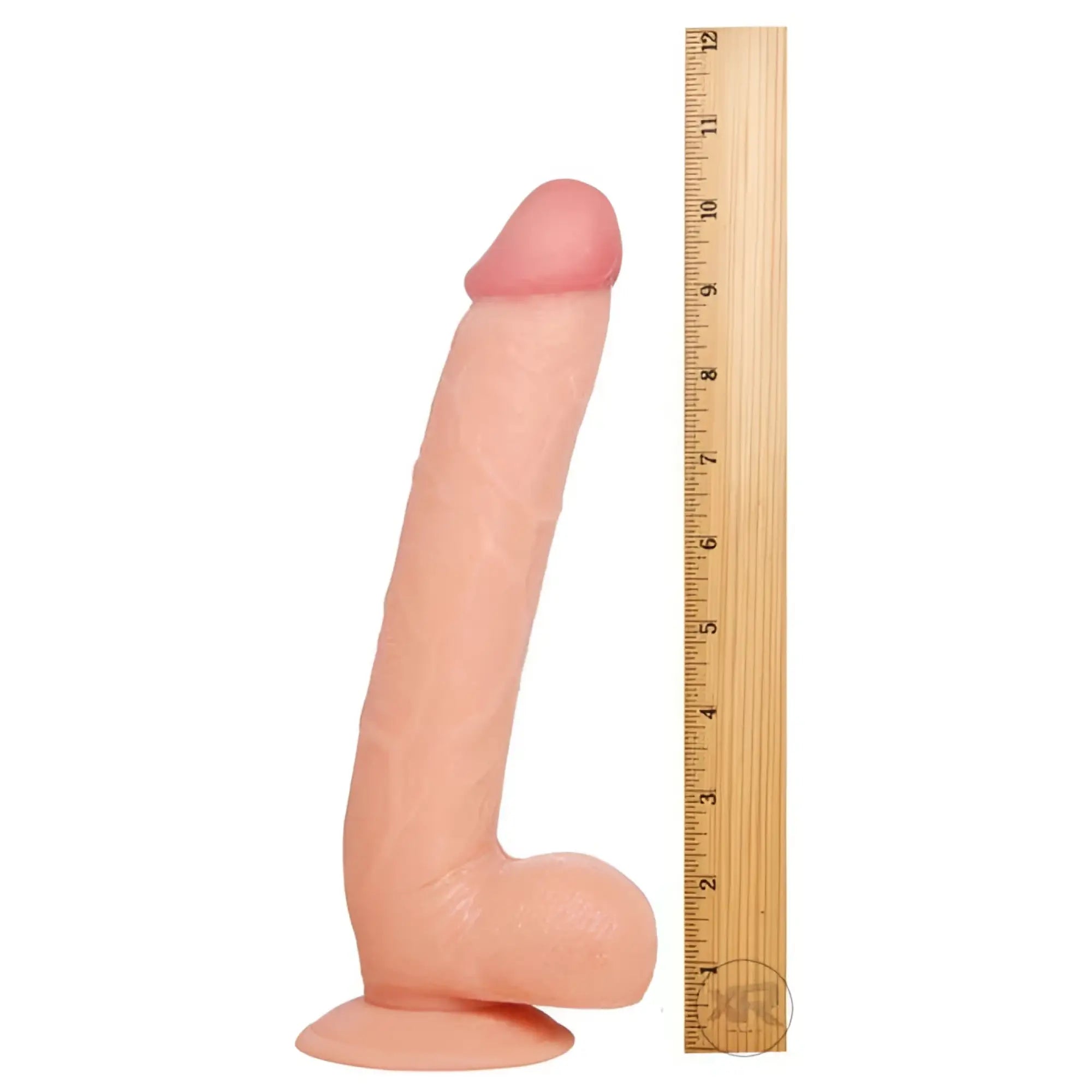 Raging Cockstars Just Bang Jack: 9-inch realistic flesh-colored dildo with a suction cup base next to a ruler.