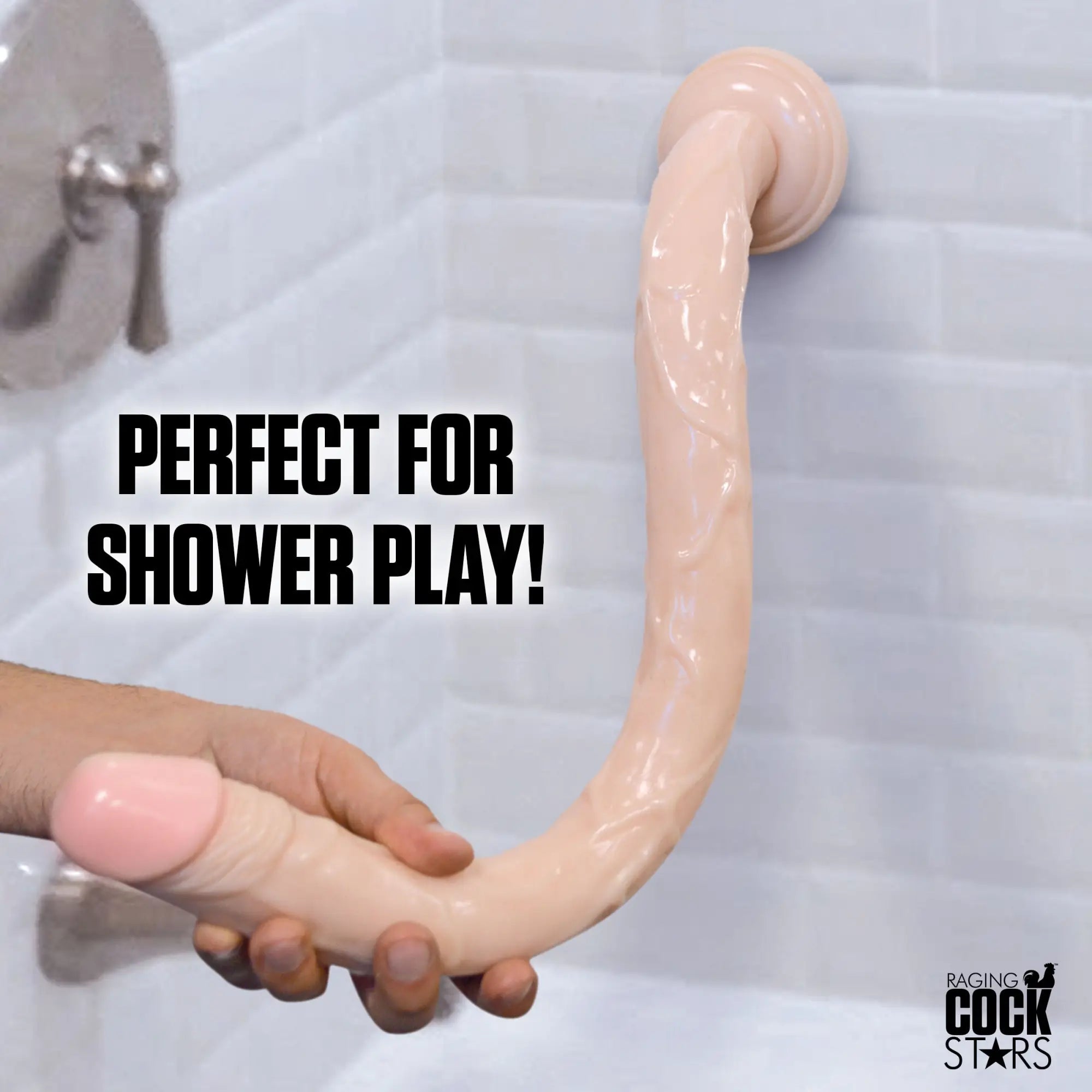 Raging Cockstars Long Dong Leo 18-inch suction cup dildo in light flesh tone, attached to a tiled shower wall.