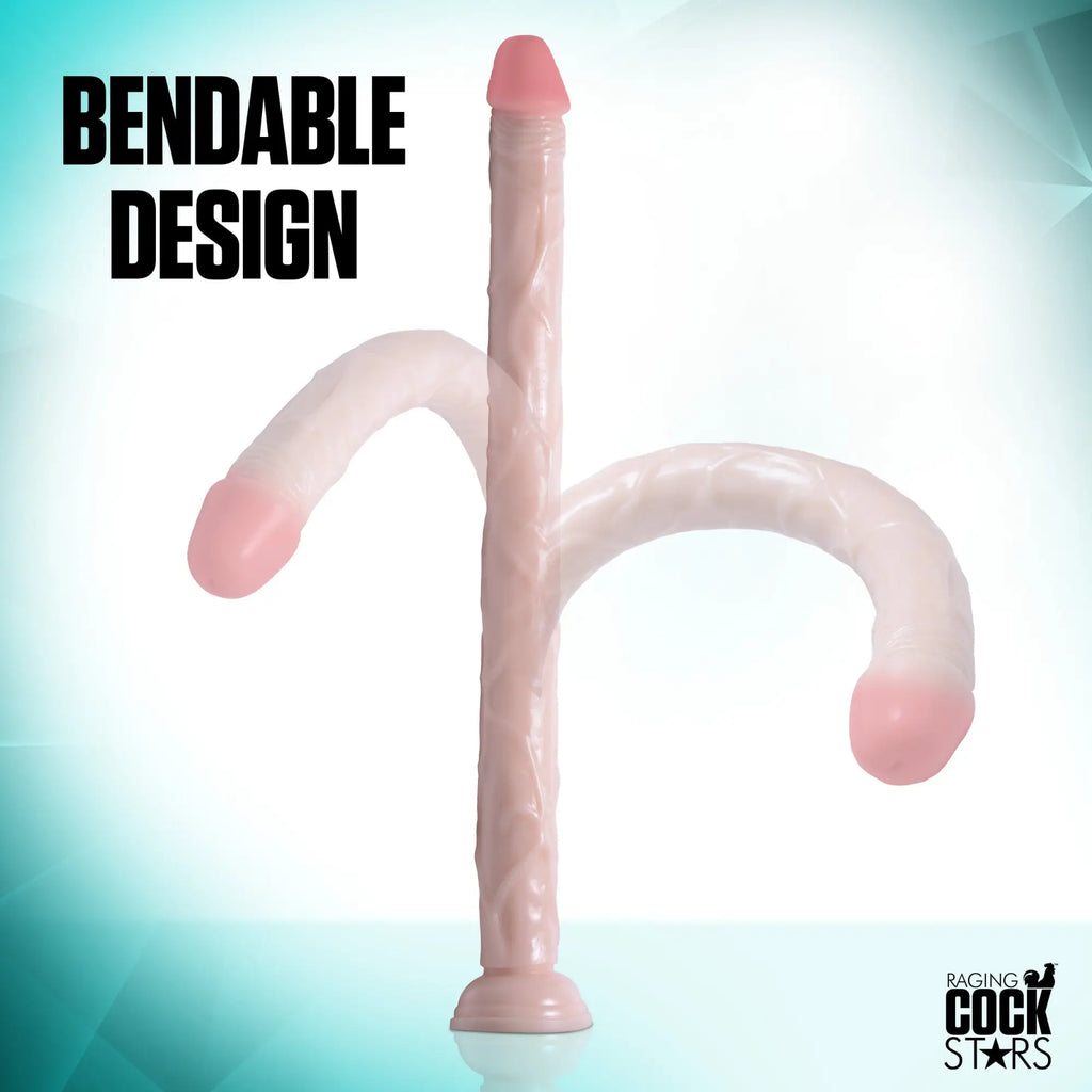 Raging Cockstars Long Dong Leo 18-inch bendable dildo in light pink, featuring a suction cup base against a blue background.