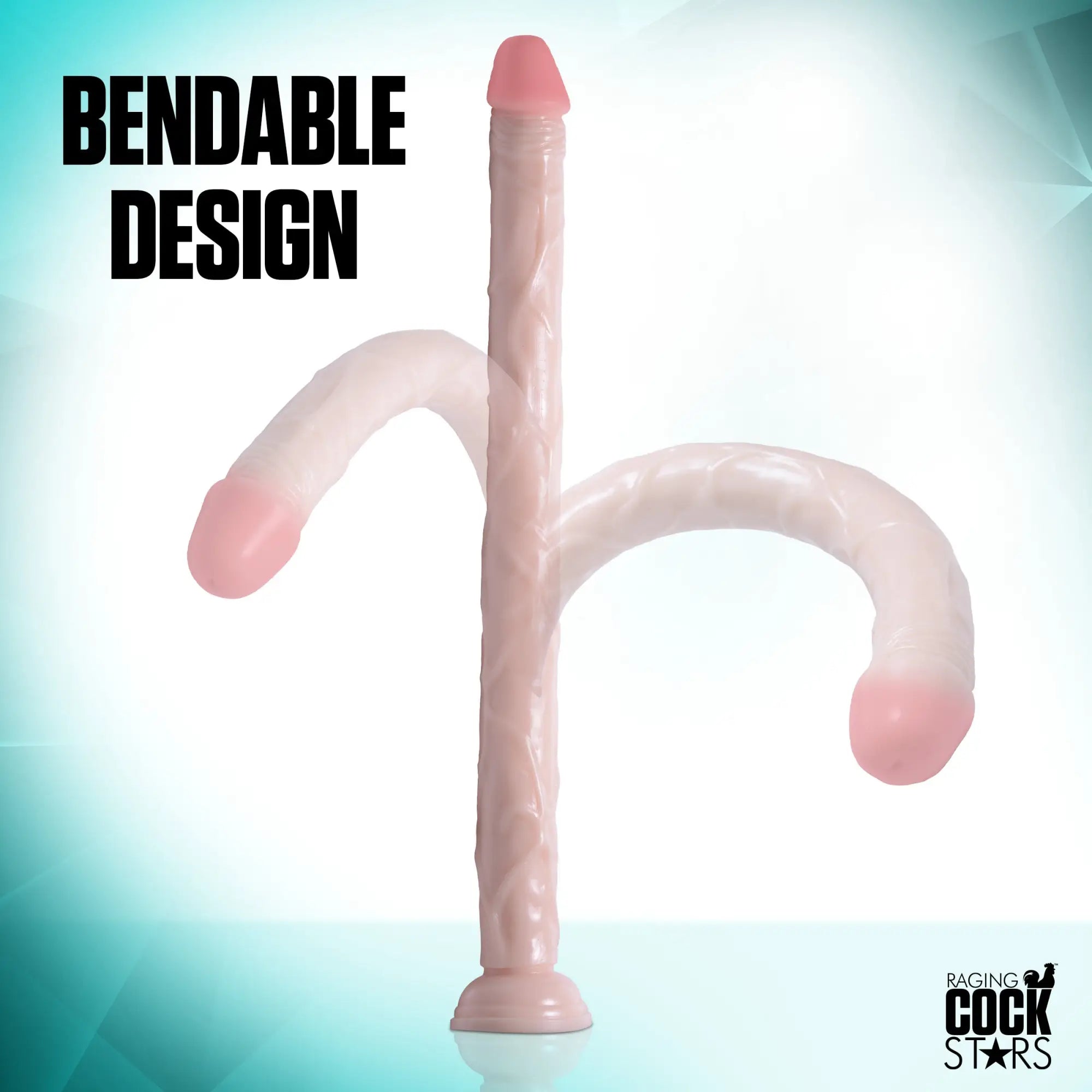 Raging Cockstars Long Dong Leo 18-inch bendable dildo in light pink, featuring a suction cup base against a blue background.